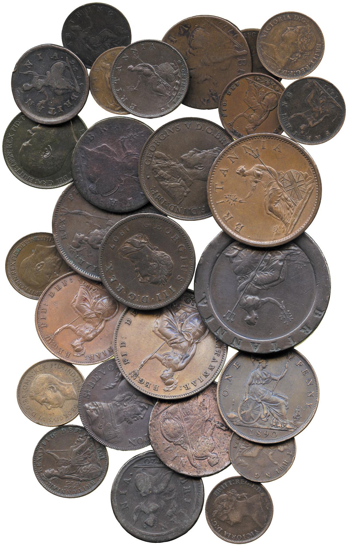 BRITISH COINS. MISCELLANEOUS. Copper and Bronze Coinage, Twopence, 1797, Pennies (5) 1806,