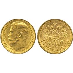 WORLD COINS. RUSSIA. Nicholas II (1894-1917), Gold 15-Roubles, 1897, 12.89g (F 177). Very 