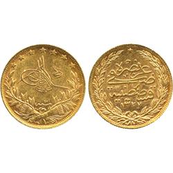 WORLD COINS. TURKEY. Muhammad V (AH 1327-1336/1909-1918 AD), Gold 100-Kurush, AH 1327, yea