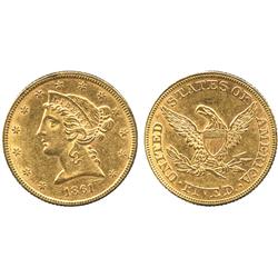 WORLD COINS. UNITED STATES OF AMERICA. Gold 5-Dollars, Liberty Head, 1861, variety 1.  Som