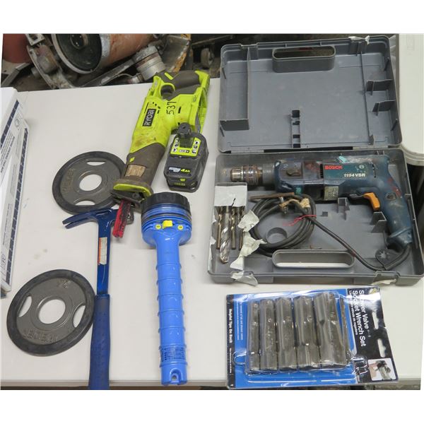 Bosch 1194VSR Hammerdrill in Hard Case, Ryobi Reciprocating Saw, Shower