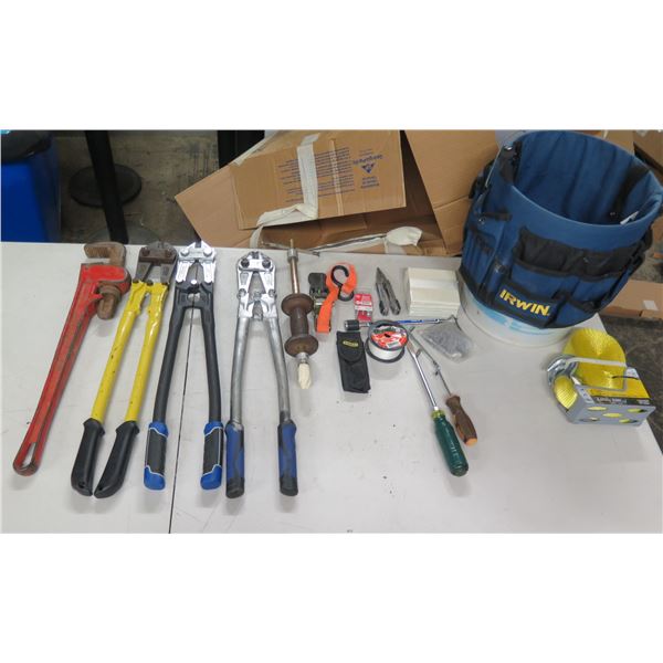 Misc Tools Large Bolt Cutters, Irwin Bucket Bag, Tow Strap, Pipe