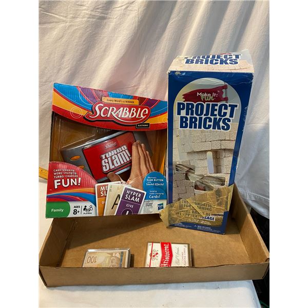 Scrabble, cards and project bricks