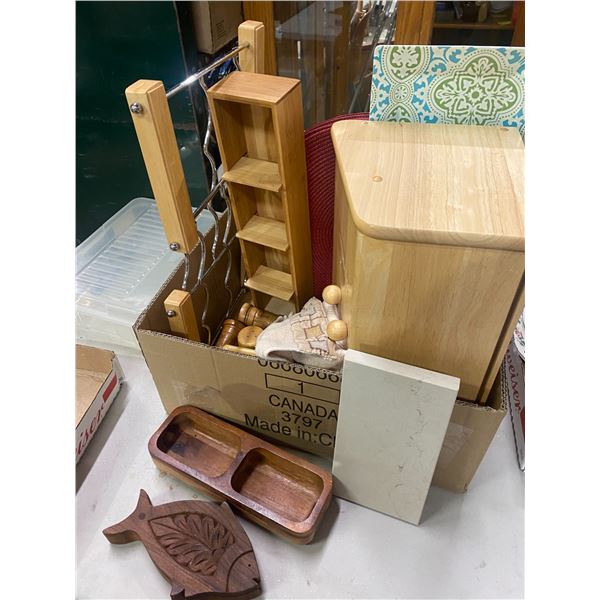 Wine bottle stand, placemats, bread box and other items