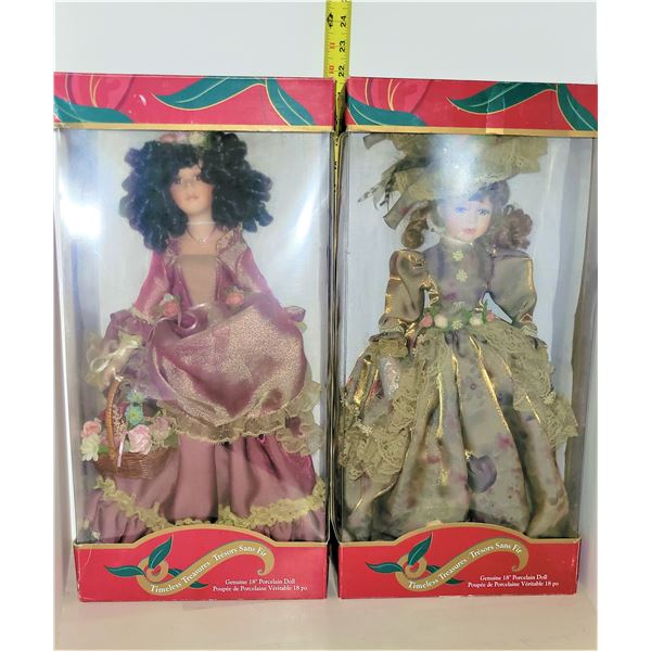 LOT OF 2 PORCELAIN DOLLS NEW IN BOX. DOLLS ARE 18 INCH.