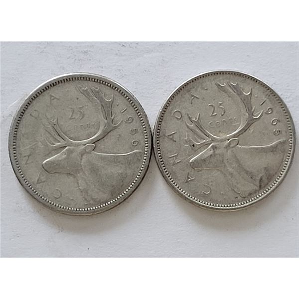 LOT OF 2 SILVER QUARTERS CANADA 1956 & 1965