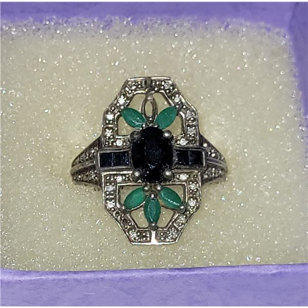 BEAUTIFUL SAPPHIRE AND EMEERALD 925 SILVER ESTATE RING