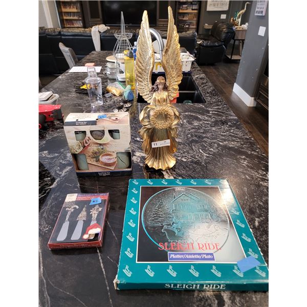 Christmas Platter, Angel Figurine, Candle Set & Christmas Spreaders