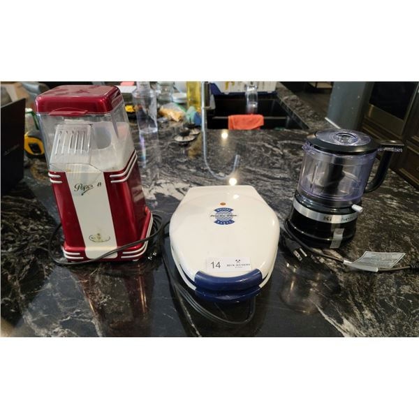 Kitchenaid Food Processor, Proctor Silex Waffle Iron, Popcorn machine