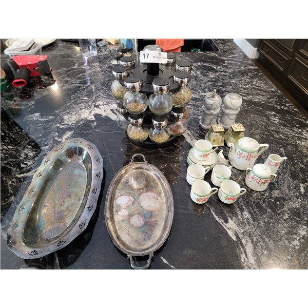 Stocked Spice Rack, Marble S&P Shakers, Mini Tea Set, Silver Plated Trays