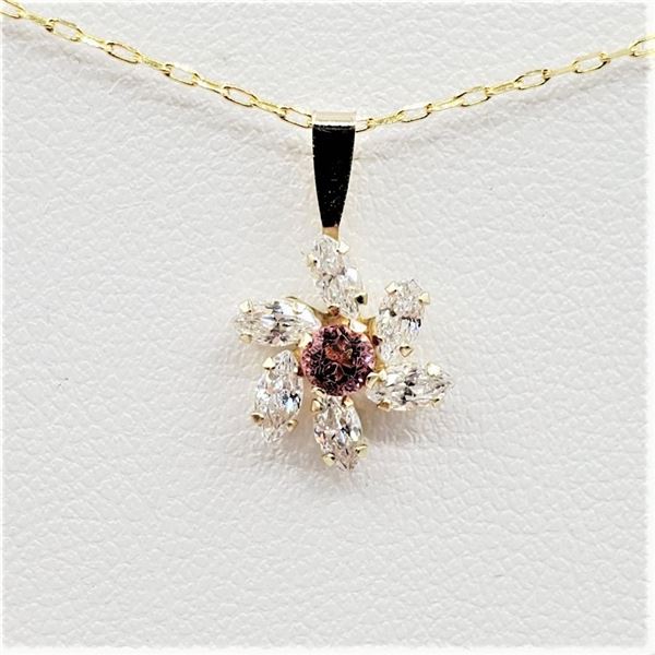 Yellow Gold Natural Pink Tourmaline & Cubic Zirconia Pendant