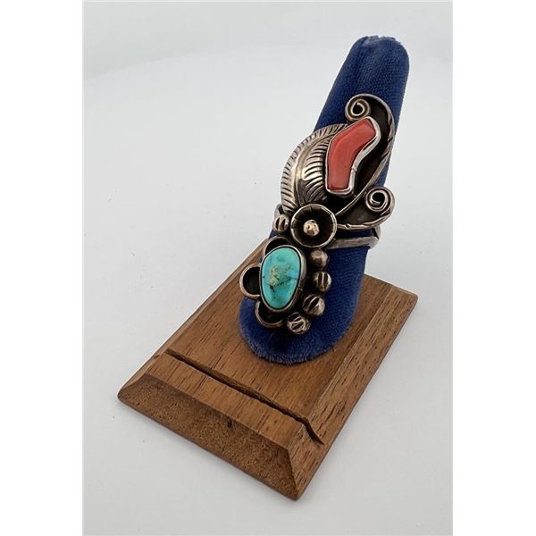 Navajo Sterling Silver Turquoise Coral Ring