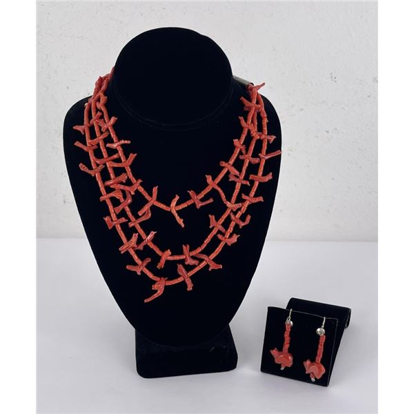 Zuni Coral Bird Fetish Necklace and Earrings