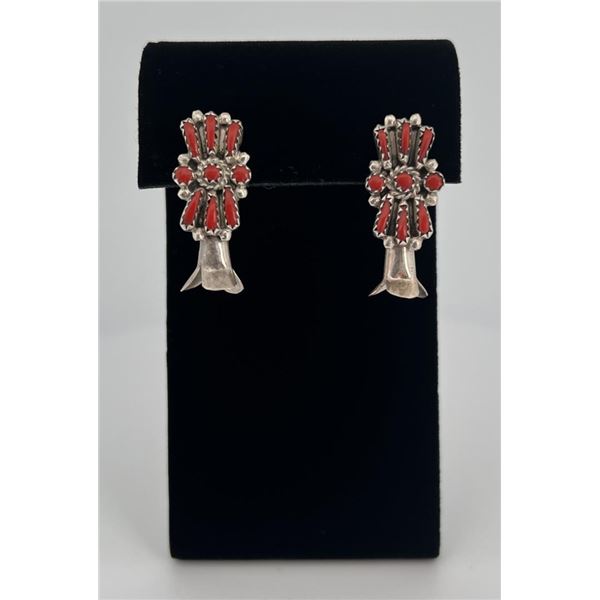 Zuni Sterling Silver Petit Point Coral Earrings