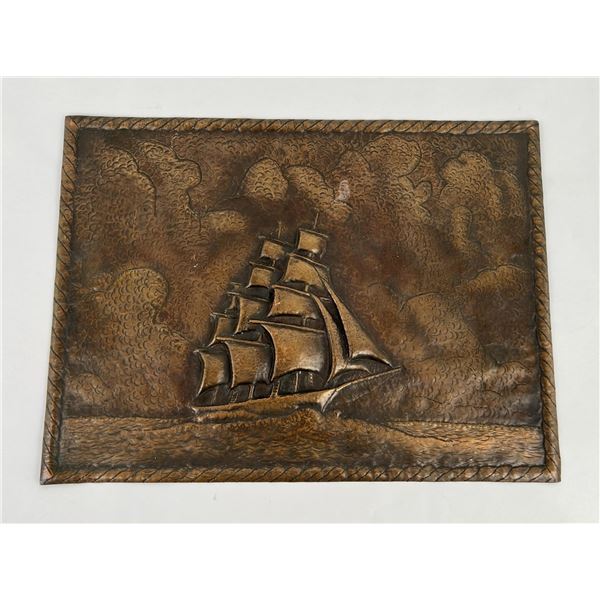 Arts and Crafts Hammered Copper Ship Plaque