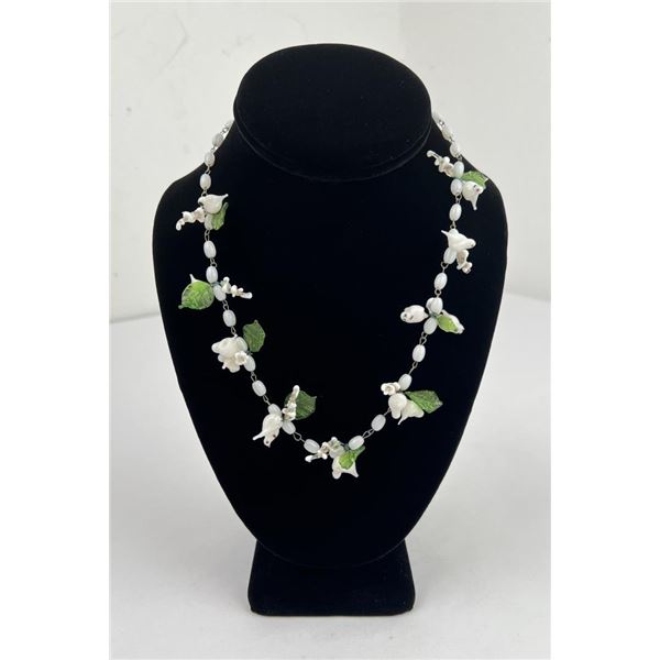Mid Century Blown Glass Flower Bead Necklace