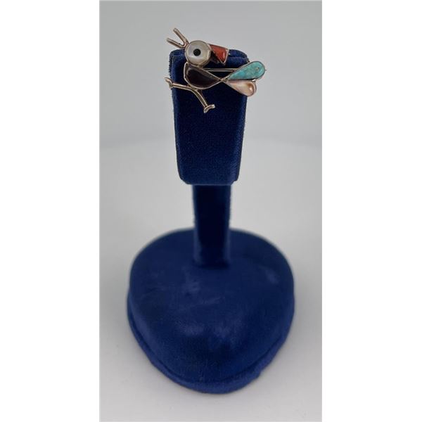 Zuni Roadrunner Inlaid Sterling Silver Brooch