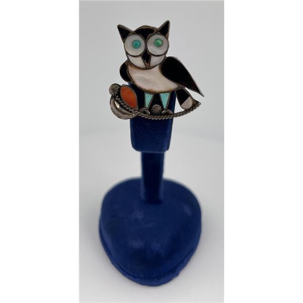 Zuni Inlaid Owl Sterling Silver Brooch