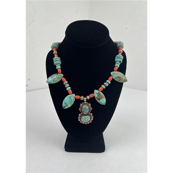 Navajo Sterling Silver Turquoise Coral Necklace