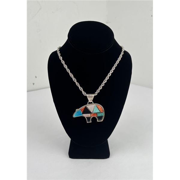 Zuni Sterling Silver Inlay Bear Necklace
