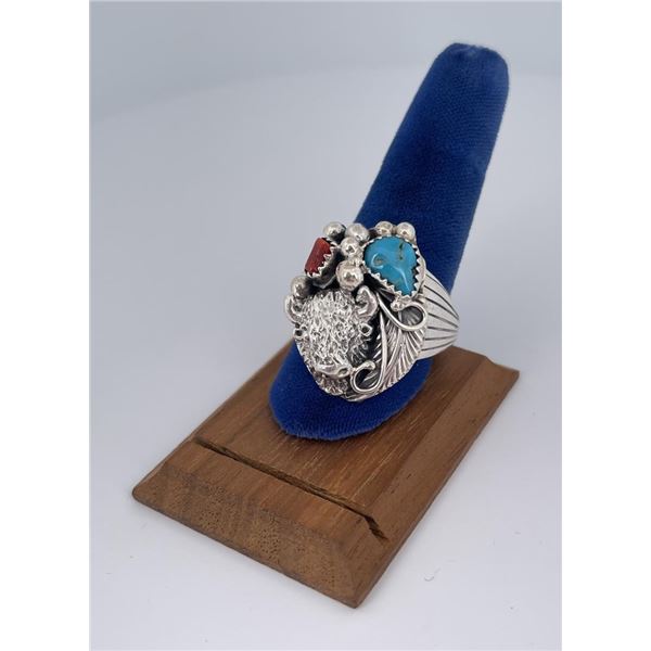 Navajo Sterling Silver Turquoise Buffalo Head Ring