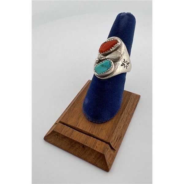 Navajo Sterling Silver Turquoise Coral Ring