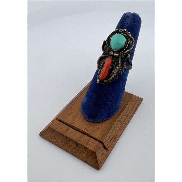 Navajo Sterling Silver Turquoise Coral Ring