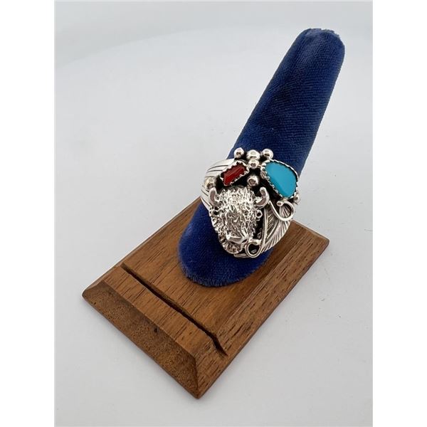 Navajo Sterling Silver Turquoise Coral Ring