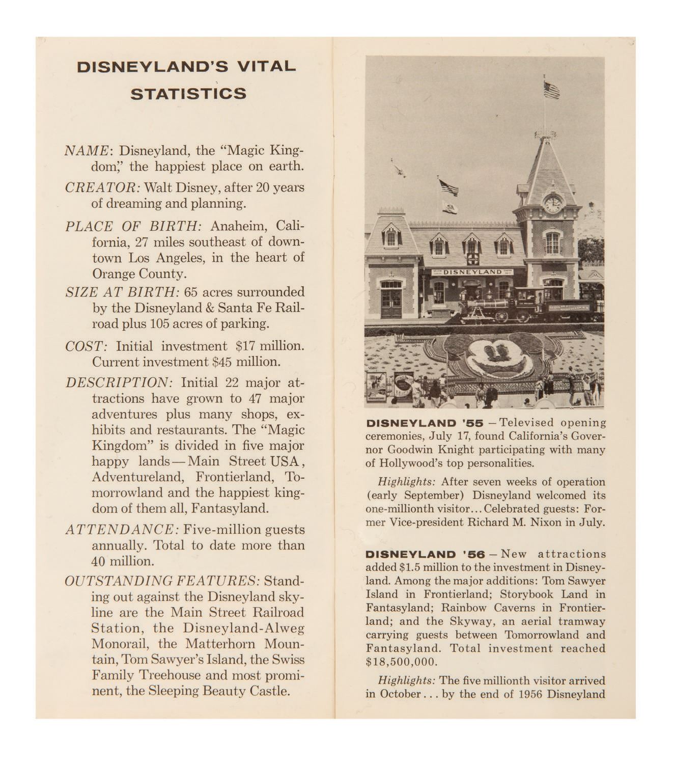 A 1965 "Disneyland's Vital Statistics" Gate Brochure.