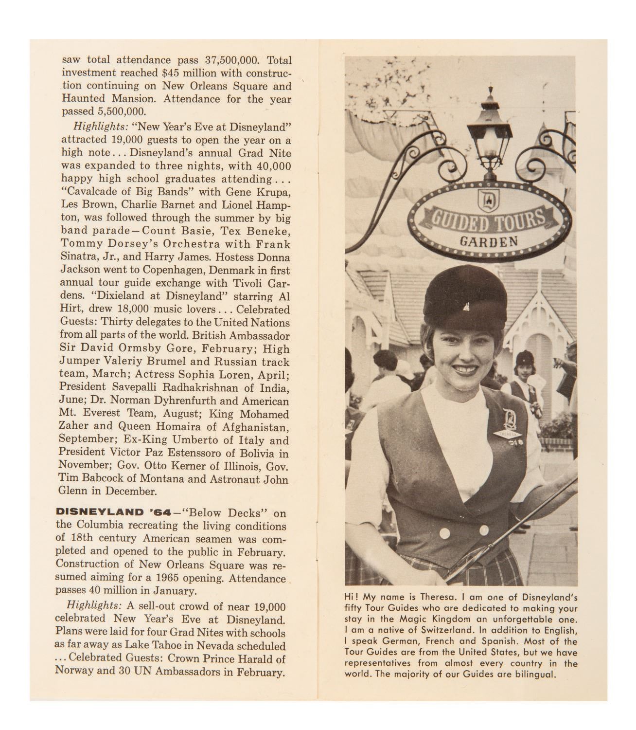 A 1965 "Disneyland's Vital Statistics" Gate Brochure.