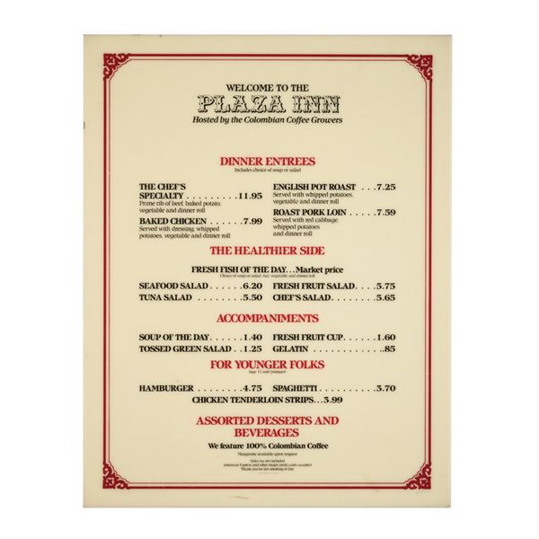 A Plaza Inn Dinner Menu Sign.