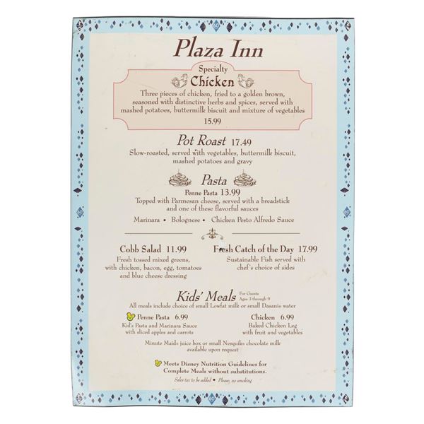 A Disneyland Plaza Inn Menu Sign.