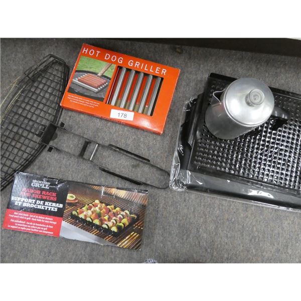 hot dog griller, kabob rack, coffee maker, grill