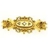 Image 2 : Antique Victorian 9k Yellow Gold Elongated Cartouche Brooch w/ 3 Old Cut Diamond