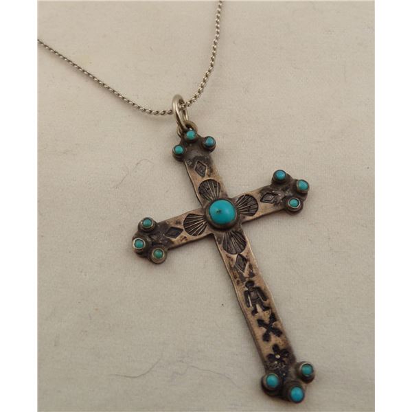 Navajo Route 66 Sterling Turquoise Cross Necklace