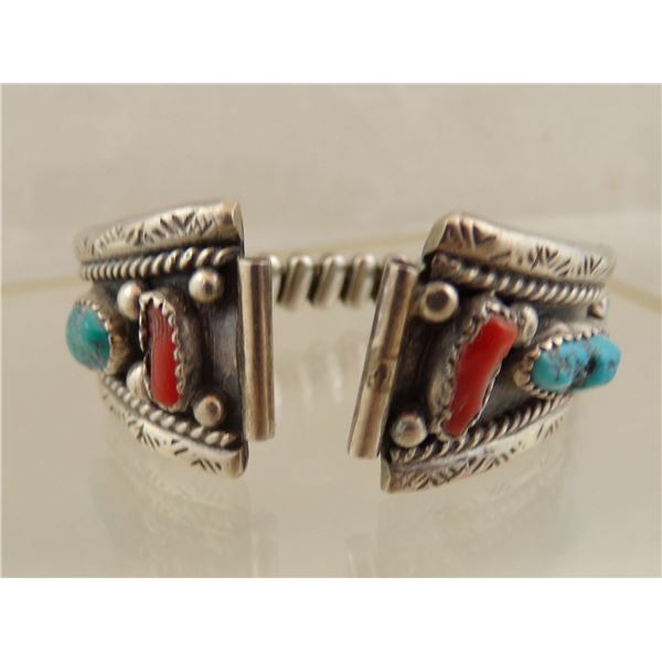 Navajo Sterling Turquoise & Coral Watch Band