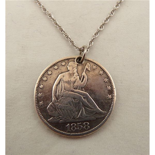 1858 Seated Liberty Half Dollar Pendant Necklace