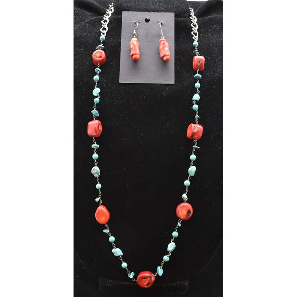 34'' Dyed Coral and Turquoise Necklace & Earrings