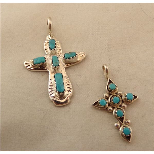 2 Zuni Sterling Turquoise Cross Pendants