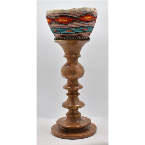 Hand Beaded Wood Pedestal Bowl by Kills Thunder