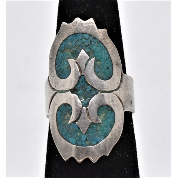 Taxco Sterling Chip Inlay Turquoise Ring, Sz 6.5