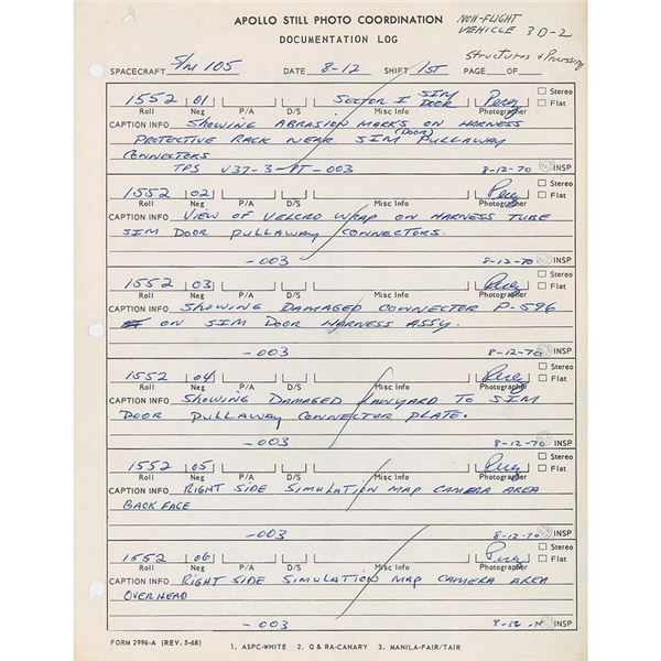 Apollo Still Photo Coordination Documentation Logs for S/M 105