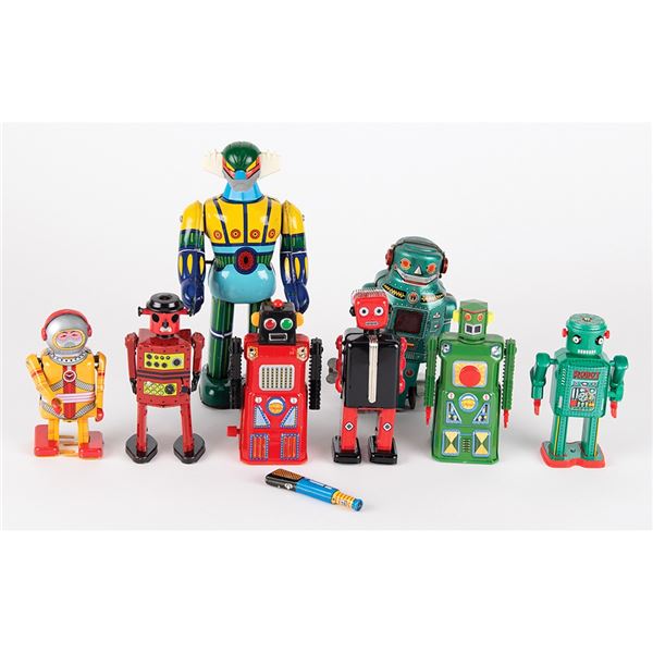 Vintage Lot of (8) Tin Litho Wind-up Toy Robots from the collection of Andres Serrano
