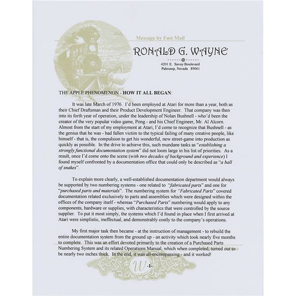 Ronald Wayne Signed Limited Edition Typed Manuscript