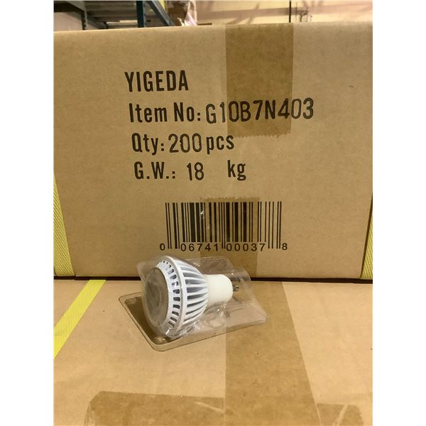 CASE OF 200 YIGEDA GU10, AC120V, 7W COB, 3000K, 40 DEGREES, DIMMABLE LIGHTBULBS