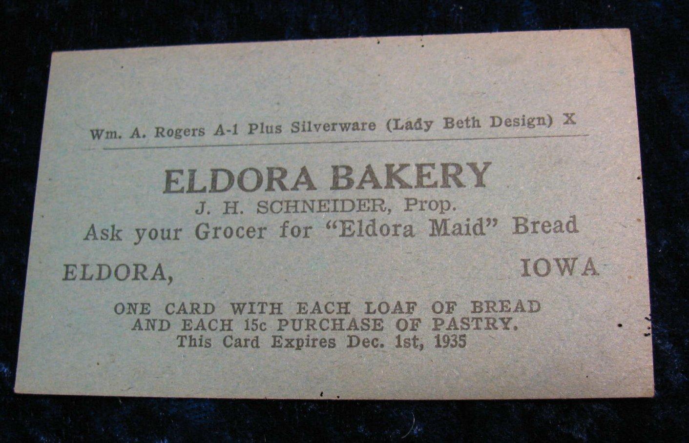 709 1935 Eldora Bakery Wm Rogers Silverware Coupon J H Schneider Prop 