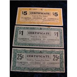 717. 1933 Clarinda Chamber Of Commerce .25, $1 & $5 Certificates