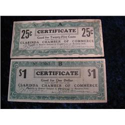 1915. 1933 Depression Script Clarinda, Iowa, 25c & $1.