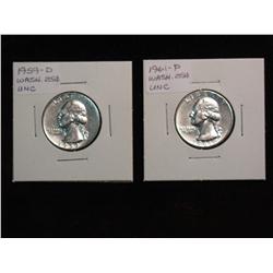 2203. 1959D, 61P Washington Quarters BU.