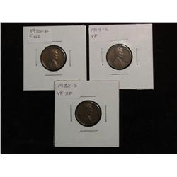 2205. 1910P, 19S, 32D Lincoln Cents. F-EF.